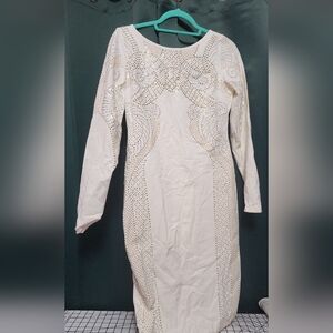 Elegant Bebe BodyCon White Long Sleeve Dress with Gold Accents